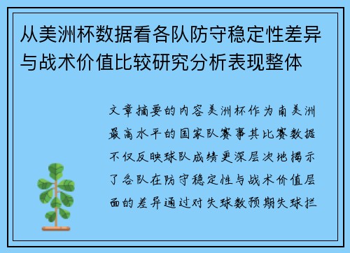 从美洲杯数据看各队防守稳定性差异与战术价值比较研究分析表现整体 从美洲杯数据看各队防守稳定性差异与战术价值比较研究分析表现整体