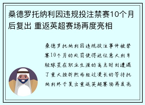 桑德罗托纳利因违规投注禁赛10个月后复出 重返英超赛场再度亮相